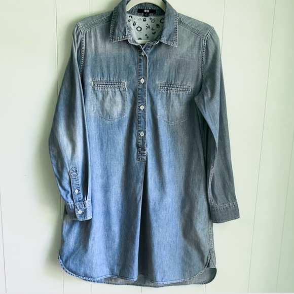 Uniqlo Women’s Denim Long Sleeve Popover Shirt Dress Tunic Top Button Front Sz L - Picture 1 of 13